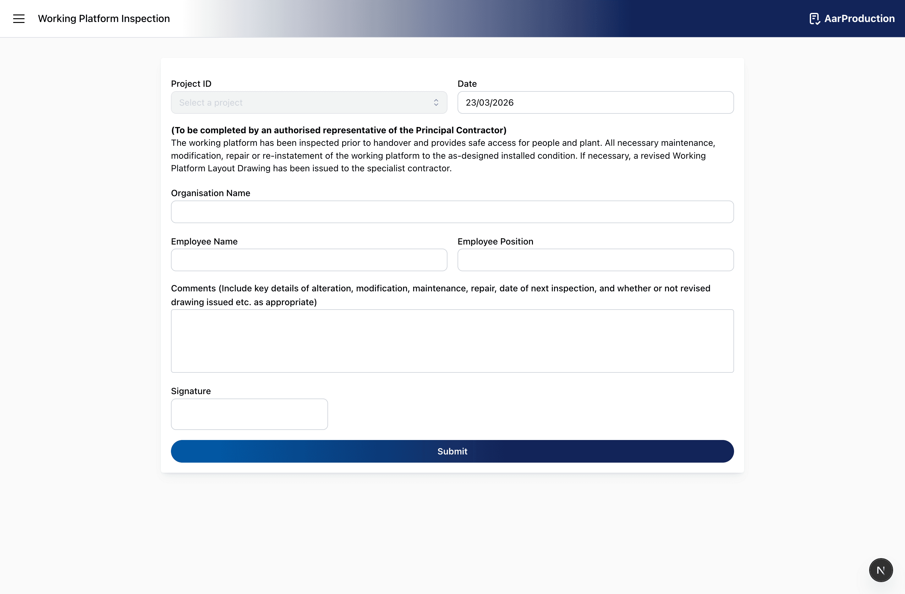 Working platform inspection form